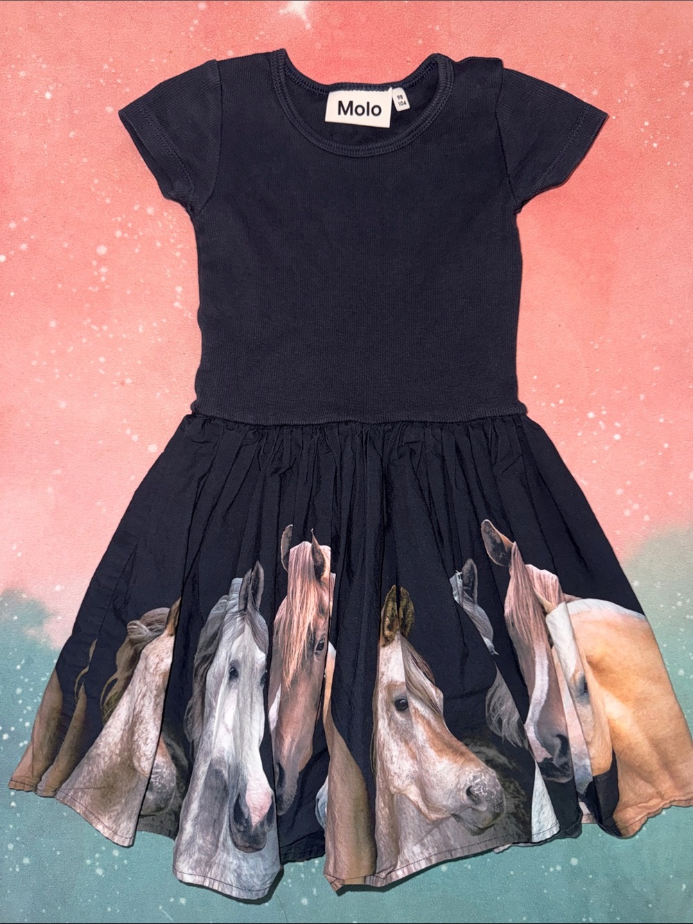 Molo Navy Short-Sleeve Dress with Horse Print girls 3 4 98 104 organic
